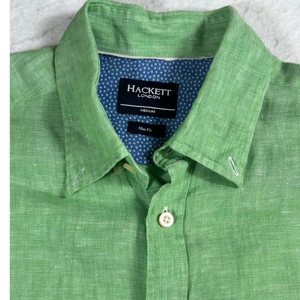 Hackett London Mens Green 100% Linen Slim Fit Button Down Shirt Medium